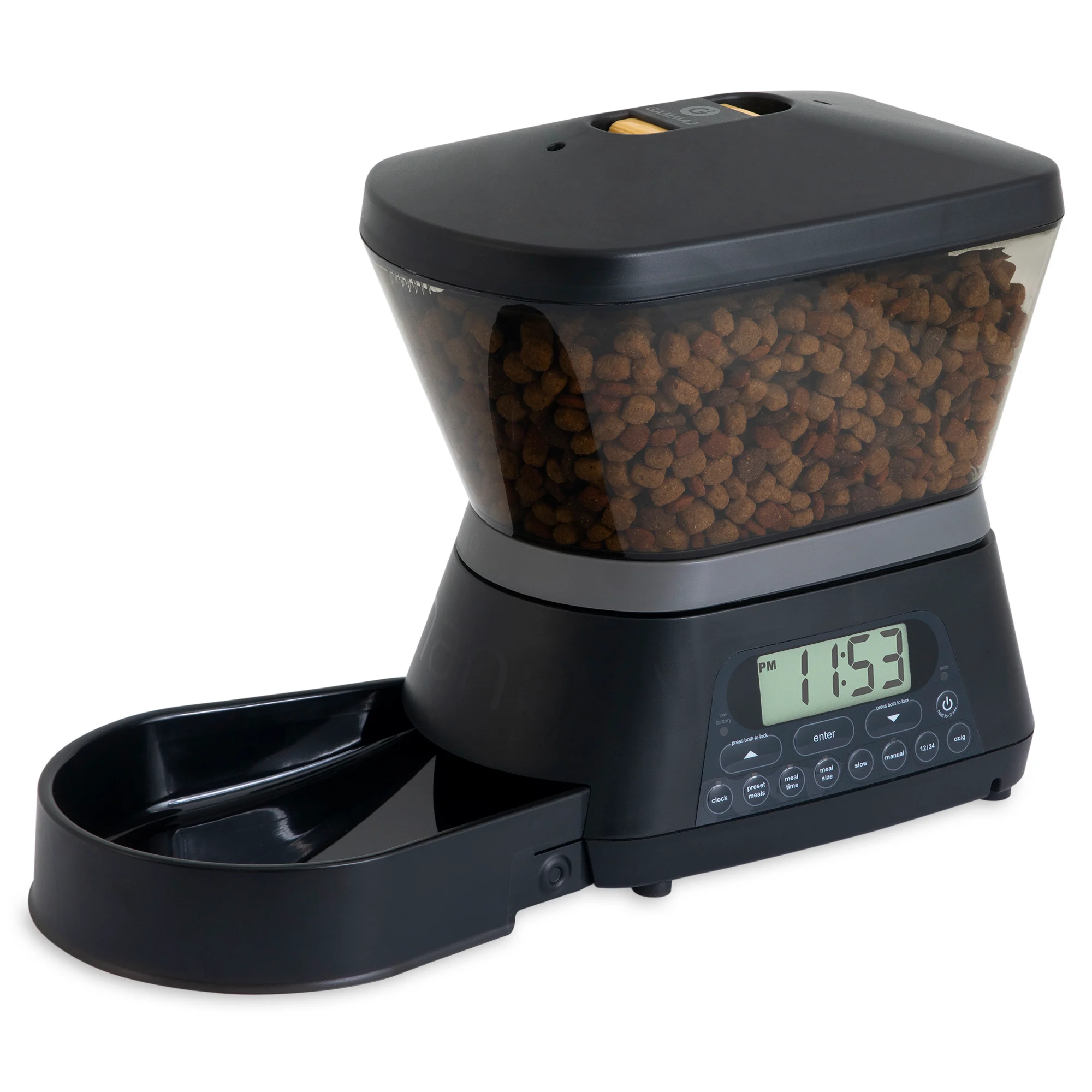 An automatic dog feeder with a timer, a food reservoir, and a bowl